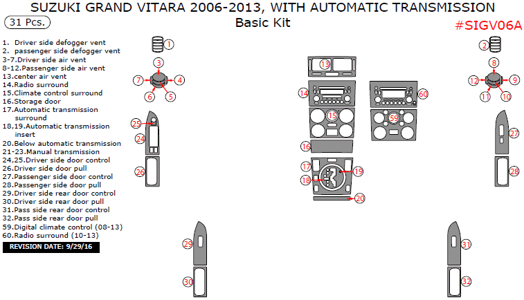 Suzuki Grand Vitara 2006, 2007, 2008, 2009, 2010, 2011, 2012, 2013, With Automatic Transmision, Basic Interior Kit, 31 Pcs. dash trim kits options