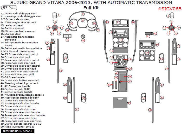 Suzuki Grand Vitara 2006, 2007, 2008, 2009, 2010, 2011, 2012, 2013, With Automatic Transmission, Full Interior Kit, 57 Pcs. dash trim kits options