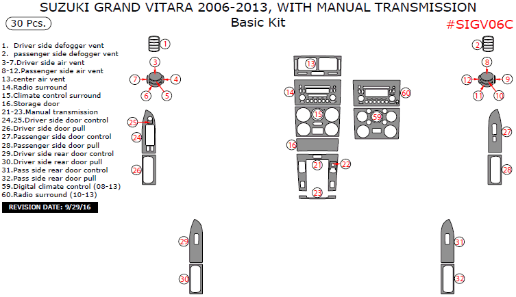 Suzuki Grand Vitara 2006, 2007, 2008, 2009, 2010, 2011, 2012, 2013, With Manual Transmission, Basic Interior Kit, 30 Pcs. dash trim kits options