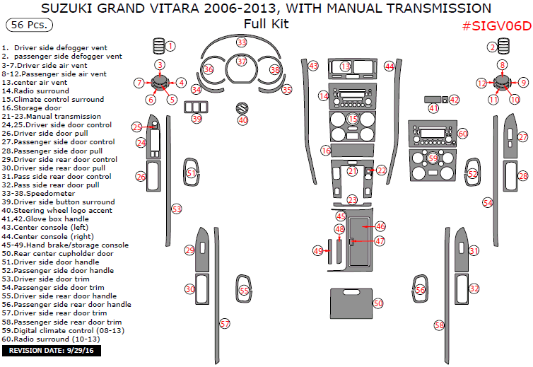 Suzuki Grand Vitara 2006, 2007, 2008, 2009, 2010, 2011, 2012, 2013, With Manual Transmission, Full Interior Kit, 56 Pcs. dash trim kits options