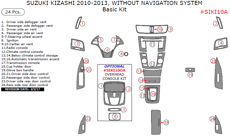 Suzuki Kizashi 2010, 2011, 2012, 2013, Without Navigation System, Basic Interior Kit, 24 Pcs. dash trim kits options