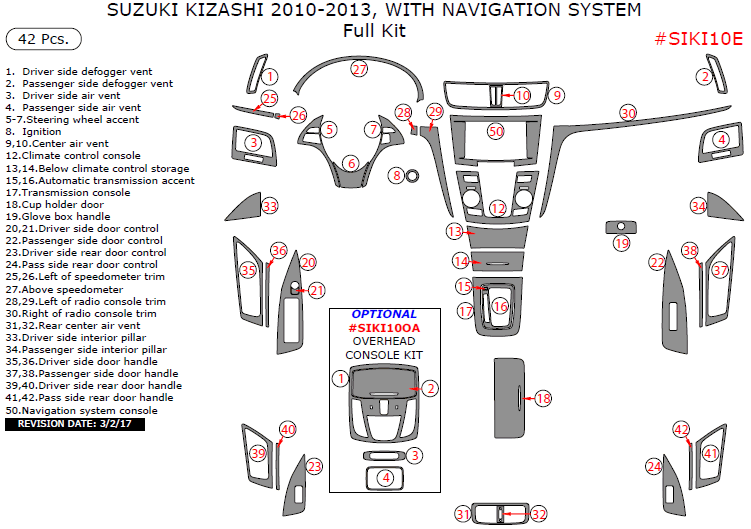 Suzuki Kizashi 2010, 2011, 2012, 2013, With Navigation System, Full Interior Kit, 42 Pcs. dash trim kits options