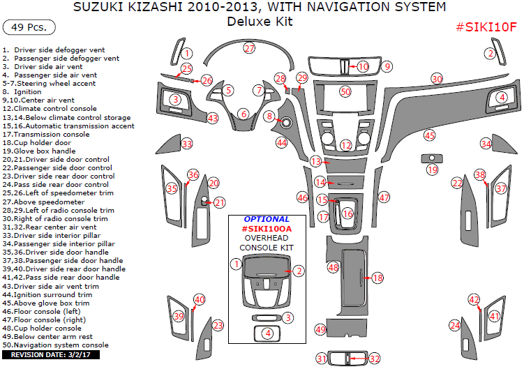 Suzuki Kizashi 2010, 2011, 2012, 2013, With Navigation System, Deluxe Interior Kit, 49 Pcs. dash trim kits options