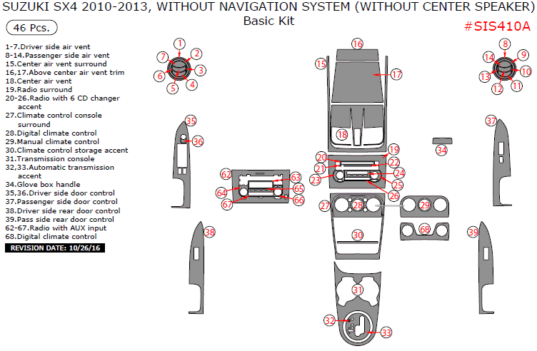 Suzuki SX4 2010, 2011, 2012, 2013, Without Navigation System (Without Center Speaker), Basic Interior Kit, 46 Pcs. dash trim kits options