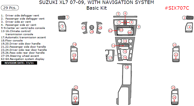 Suzuki XL-7 2007, 2008, 2009, With Navigation System, Basic Interior Kit, 29 Pcs. dash trim kits options