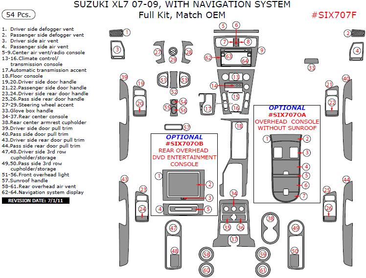 Suzuki XL-7 2007, 2008, 2009, With Navigation System, Full Interior Kit, 54 Pcs., Match OEM dash trim kits options