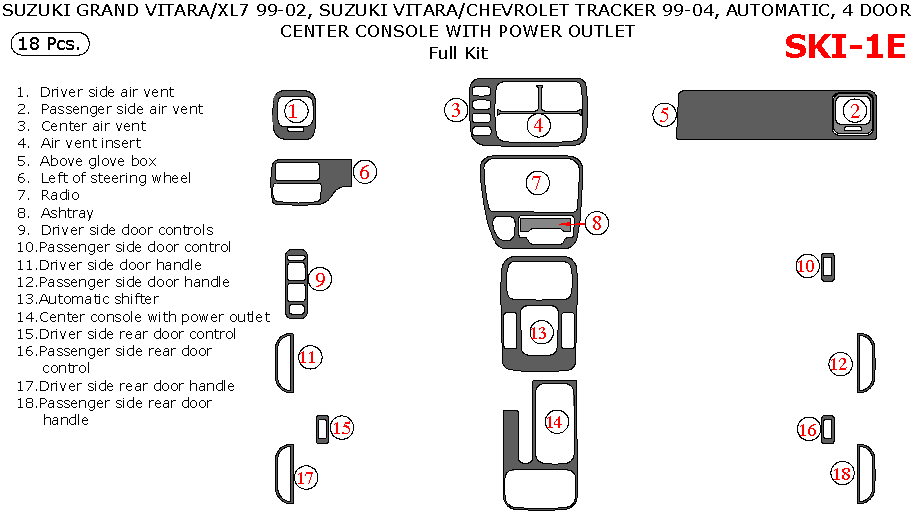 Chevrolet Tracker 1999, 2000, 2001, 2002, 2003, 2004, Suzuki Grand Vitara/XL-7 1999-2002, Suzuki Vitara 1999-2004, Automatic, 4 Door, Center Console With Power Outlet, Full Interior Kit, 18 Pcs. dash trim kits options