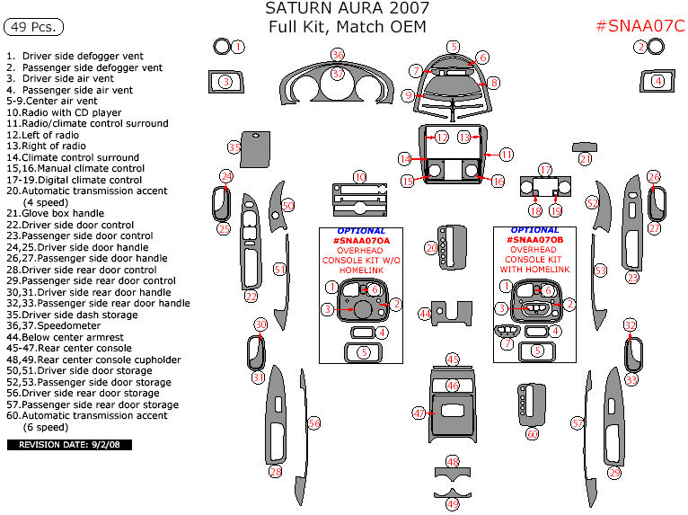 Saturn Aura 2007, Full Interior Kit, 49 Pcs., Match OEM dash trim kits options