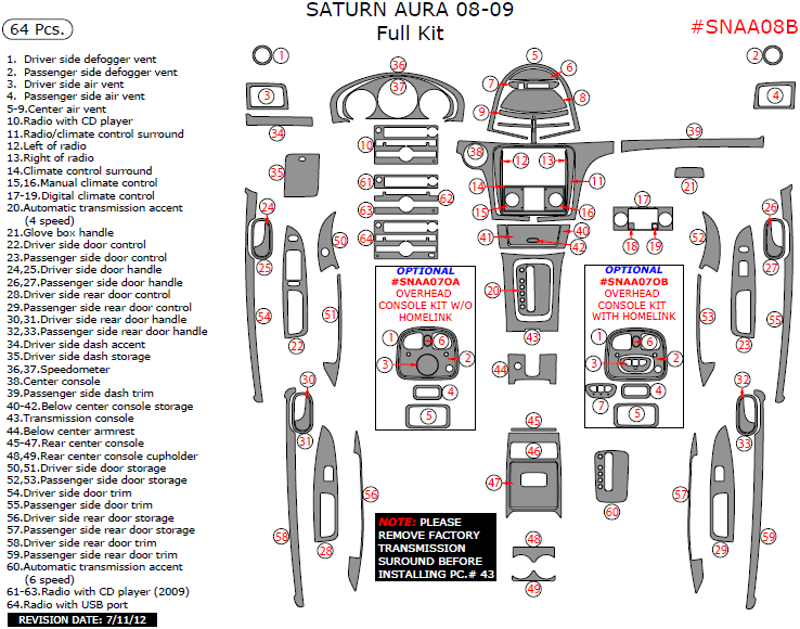 Saturn Aura 2008-2009, Full Interior Kit, 64 Pcs, dash trim kits options