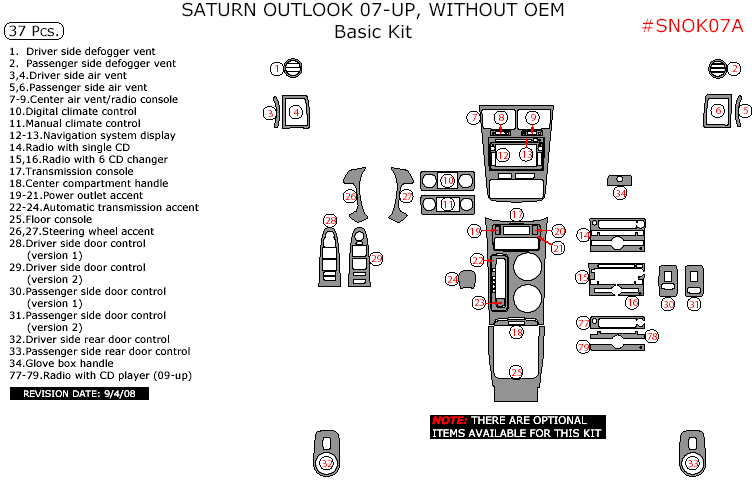 Saturn Outlook 2007, 2008, 2009, 2010, Without OEM, Basic Interior Kit, 37 Pcs. dash trim kits options