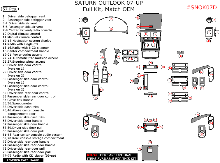 Saturn Outlook 2007, 2008, 2009, 2010, Full Interior Kit, 57 Pcs., Match OEM dash trim kits options