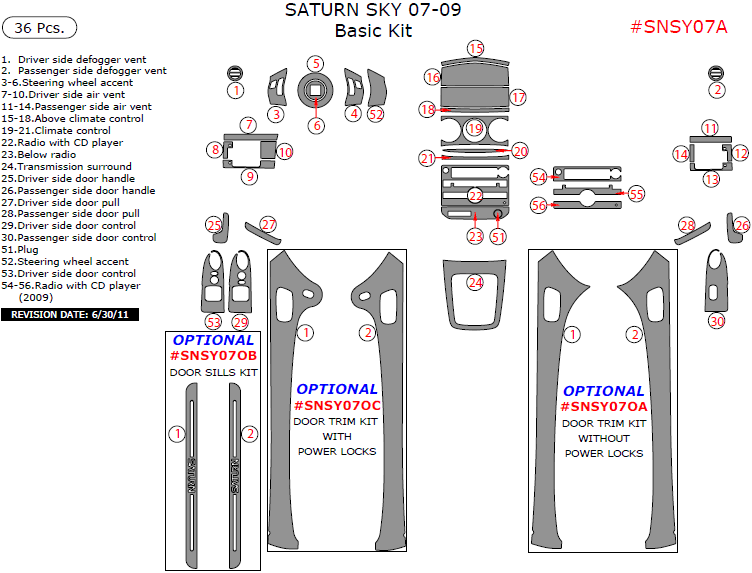 Saturn Sky 2007, 2008, 2009, Basic Interior Kit, 36 Pcs. dash trim kits options
