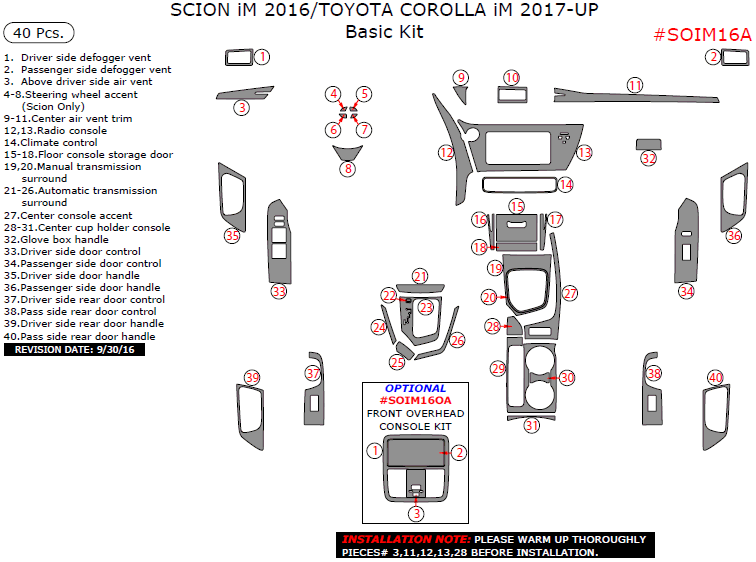 Scion iM 2016/Toyota Corolla iM 2017-2018, Basic Interior Kit, 40 Pcs. dash trim kits options