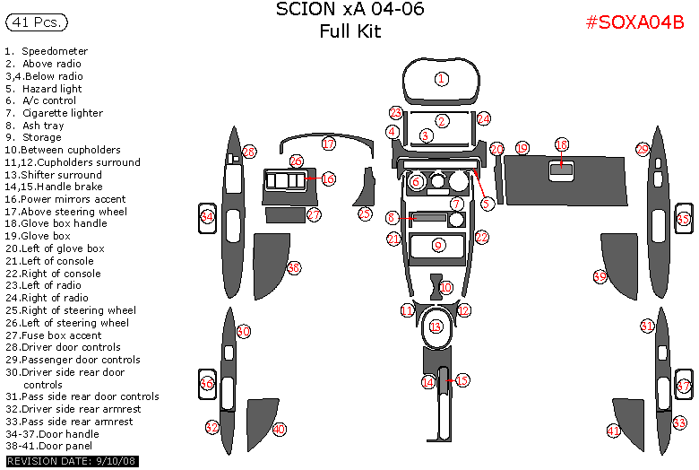 Scion xA 2004, 2005, 2006, Full Interior Kit, 41 Pcs. dash trim kits options