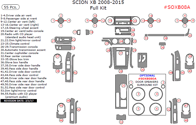 Scion xB 2008, 2009, 2010, 2011, 2012, 2013, 2014, 2015, Full Interior Kit, 55 Pcs. dash trim kits options