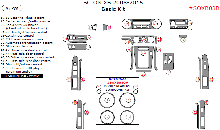Scion xB 2008, 2009, 2010, 2011, 2012, 2013, 2014, 2015, Basic Interior Kit, 26 Pcs. dash trim kits options