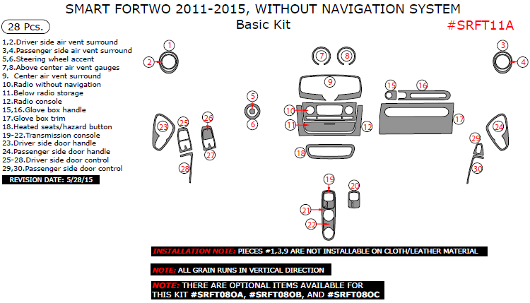 Smart ForTwo 2011, 2012, 2013, 2014, 2015, Without Navigation System, Basic Interior Kit, 28 Pcs. dash trim kits options