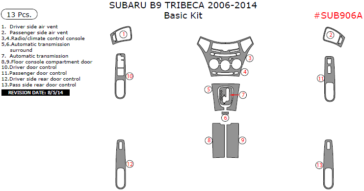Subaru B9 Tribeca 2006, 2007, 2008, 2009, 2010, 2011, 2012, 2013, 2014, Basic Interior Kit, 13 Pcs. dash trim kits options