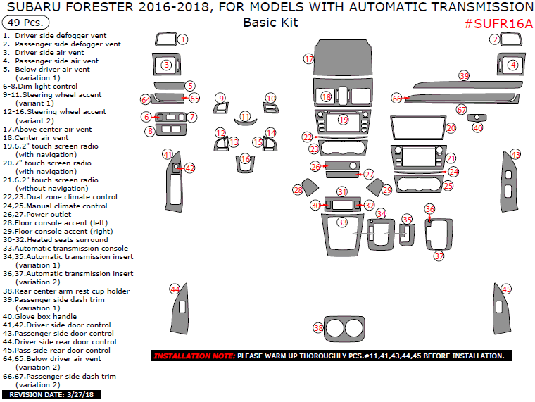 Subaru Forester 2016, 2017, 2018, For Models With Automatic Transmission, Basic Interior Kit, 49 Pcs. dash trim kits options