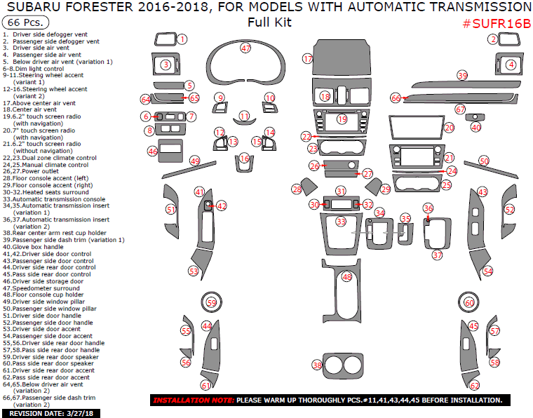 Subaru Forester 2016, 2017, 2018, For Models With Automatic Transmission, Full Interior Kit, 66 Pcs. dash trim kits options