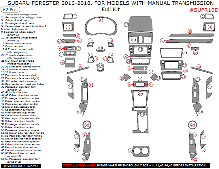 Subaru Forester 2016, 2017, 2018, For Models With Manual Transmission, Full Interior Kit, 62 Pcs. dash trim kits options