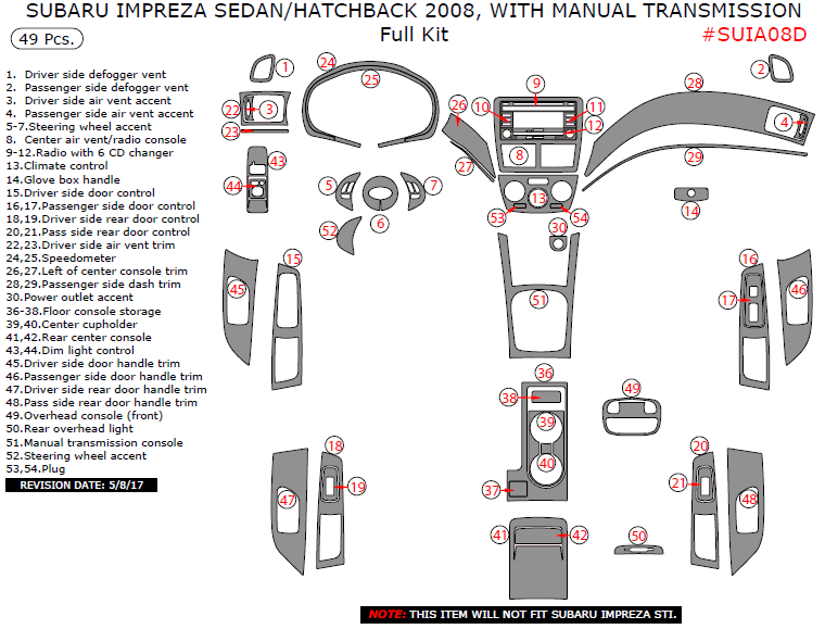 Subaru Impreza 2008, Sedan/Hatchback, With Manual Transmission, Full Interior Kit, 49 Pcs. dash trim kits options