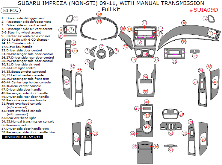 Subaru Impreza 2009, 2010, 2011, With Manual Transmission, Full Interior Kit (Non-STI), 53 Pcs. dash trim kits options
