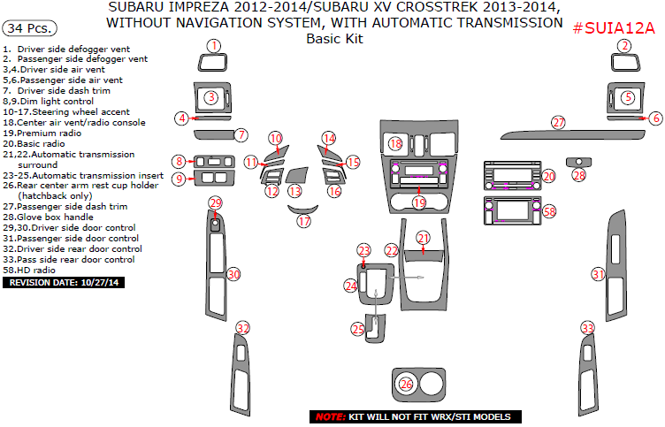 Subaru Impreza 2012, 2013, 2014, Subaru XV Crosstrek 2013-2014, Without Navigation System, With Automatic Transmission, Basic Interior Kit, 34 Pcs. dash trim kits options