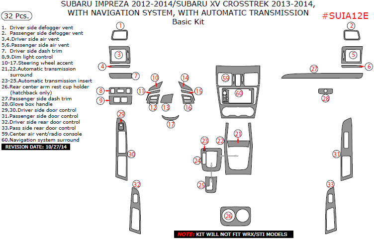Subaru Impreza 2012, 2013, 2014, Subaru XV Crosstrek 2013-2014, With Navigation System, With Automatic Transmission, Basic Interior Kit, 32 Pcs. dash trim kits options