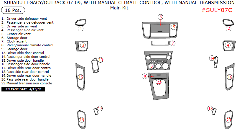 Subaru Legacy/Outback 2007, 2008, 2009, With Manual Climate Control, With Manual Transmission, Main Interior Kit, 18 Pcs. dash trim kits options