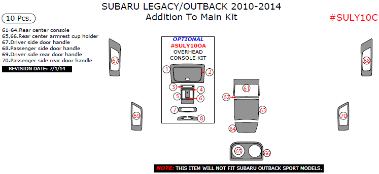 Subaru Legacy/Outback 2010, 2011, 2012, 2013, 2014, Addition To Main Interior Kit, 10 Pcs. dash trim kits options