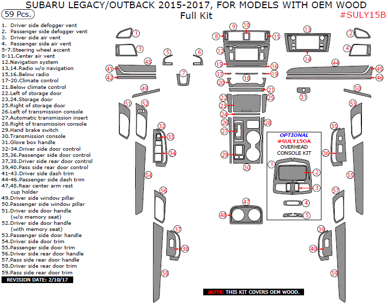 Subaru Legacy/Outback 2015, 2016, 2017, For Models With OEM Wood, Full Interior Kit, 59 Pcs. dash trim kits options