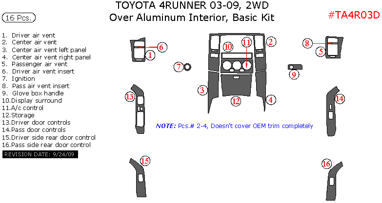 Toyota 4Runner 2003, 2004, 2005, 2006, 2007, 2008, 2009, Basic Interior Kit, Over Aluminum Interior, 2wd, 16 Pcs. dash trim kits options