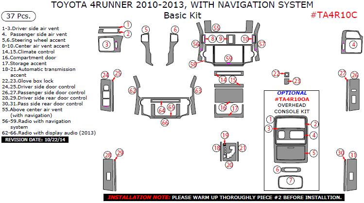 Toyota 4Runner 2010, 2011, 2012, 2013, With Navigation System, Basic Interior Kit, 37 Pcs. dash trim kits options