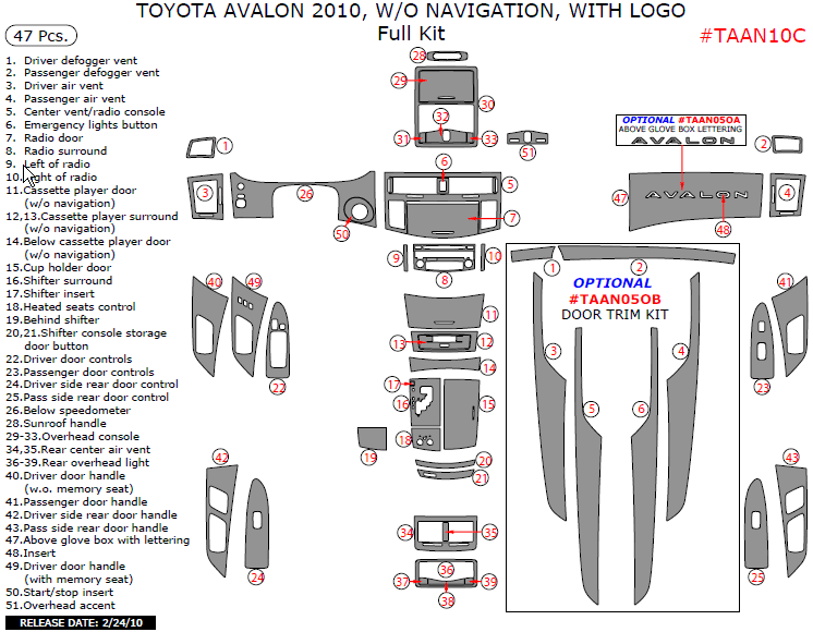 Toyota Avalon 2010, W/o Navigation, With Logo, Full Interior Kit, 47 Pcs. dash trim kits options