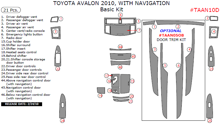 Toyota Avalon 2010, With Navigation, Basic Interior Kit, 21 Pcs. dash trim kits options