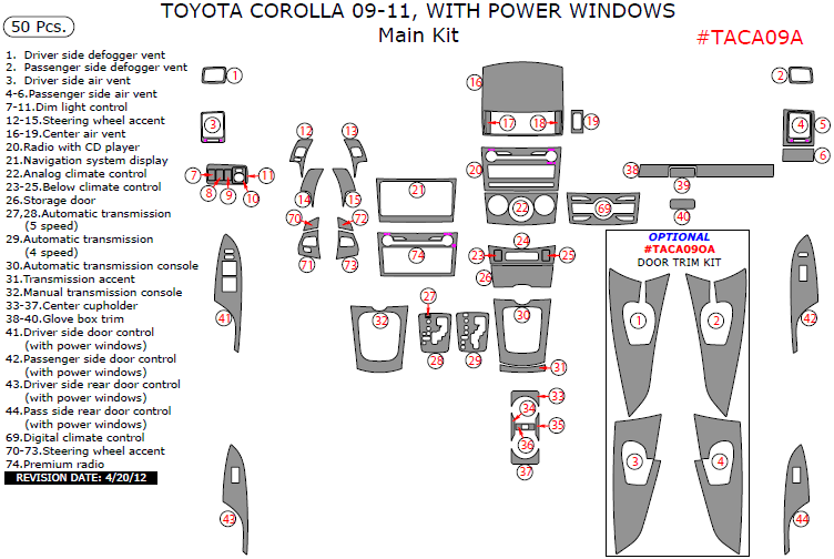 Toyota Corolla 2009, 2010, 2011, With Power Windows, Main Interior Kit, 50 Pcs. dash trim kits options