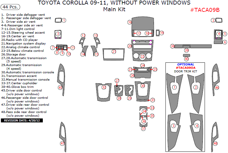 Toyota Corolla 2009, 2010, 2011, W/o Power Windows, Main Interior Kit, 44 Pcs. dash trim kits options