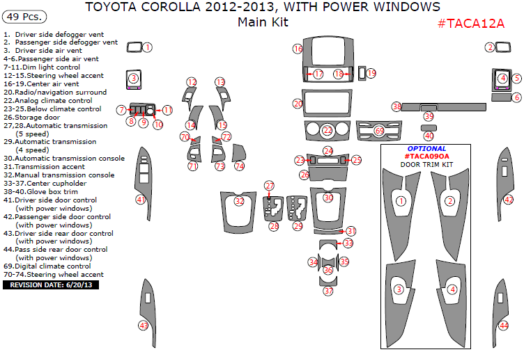 Toyota Corolla 2012-2013, With Power Windows, Main Interior Kit, 49 Pcs. dash trim kits options