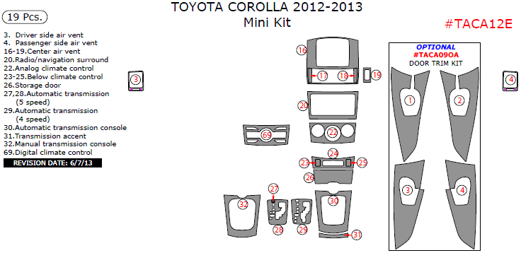 Toyota Corolla 2012-2013, Mini Interior Kit, 19 Pcs. dash trim kits options