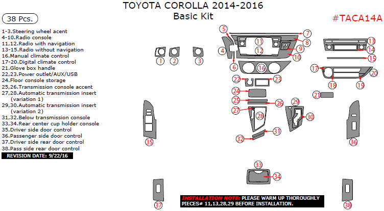 Toyota Corolla 2014, 2015, 2016, Basic Interior Kit, 38 Pcs. dash trim kits options