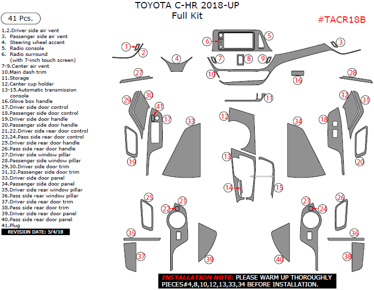 Toyota C-HR 2018-2025, Full Interior Kit, 41 Pcs. dash trim kits options