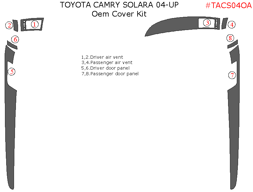 Toyota Camry Solara 2004, 2005, 2006, 2007, 2008, Optional Interior Kit, 8 Pcs. (available in OEM color, wood only) dash trim kits options