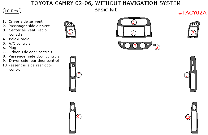 Toyota Camry 2002, 2003, 2004, 2005, 2006, Without Navigation System, Basic Interior Kit, 10 Pcs. dash trim kits options