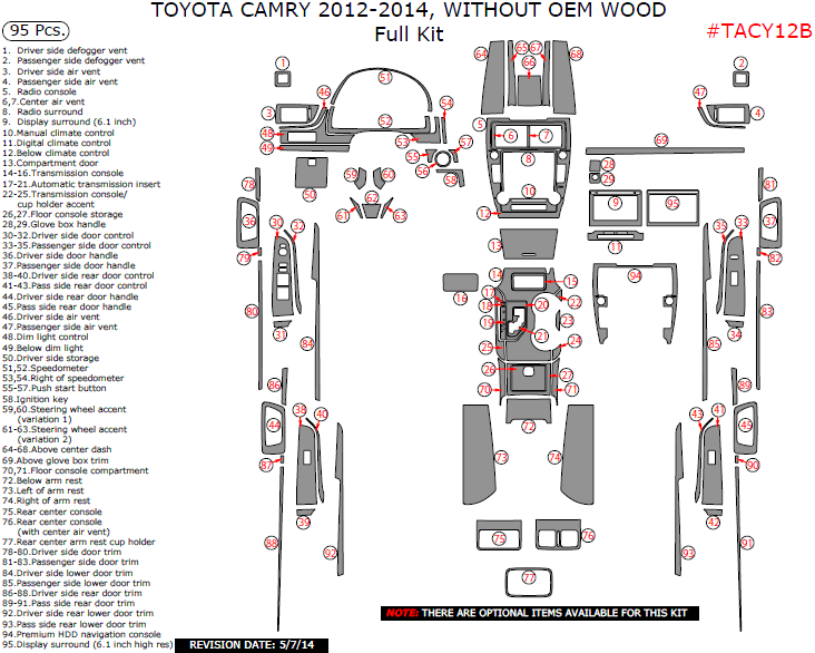 Toyota Camry 2012, 2013, 2014, Without OEM Wood, Full Interior Kit, 95 Pcs. dash trim kits options