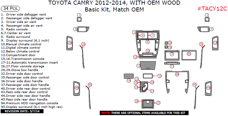 Toyota Camry 2012, 2013, 2014, With OEM Wood, Basic Interior Kit, 34 Pcs., Match OEM dash trim kits options