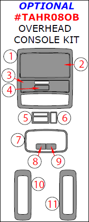 Toyota Highlander 2008, 2009, 2010, 2011, 2012, 2013, Optional Overhead Console Interior Kit, 11 Pcs. dash trim kits options
