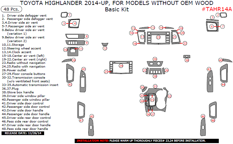 Toyota Highlander 2014, 2015, 2016, 2017, For Models Without OEM Wood, Basic Interior Kit, 48 Pcs. dash trim kits options