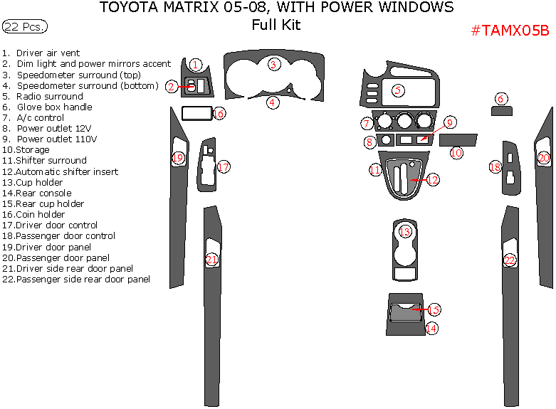 Toyota Matrix 2005, 2006, 2007, 2008, Full Interior Kit, With Power Windows, 22 Pcs. dash trim kits options