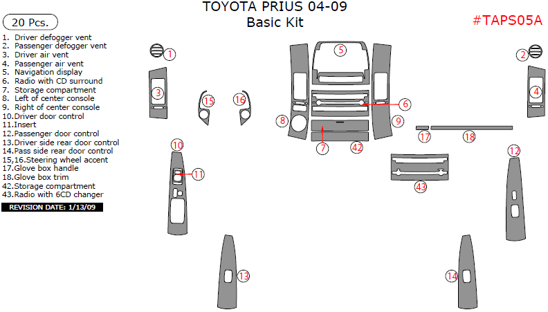 Toyota Prius 2004, 2005, 2006, 2007, 2008, 2009, Basic Interior Kit, 20 Pcs. dash trim kits options